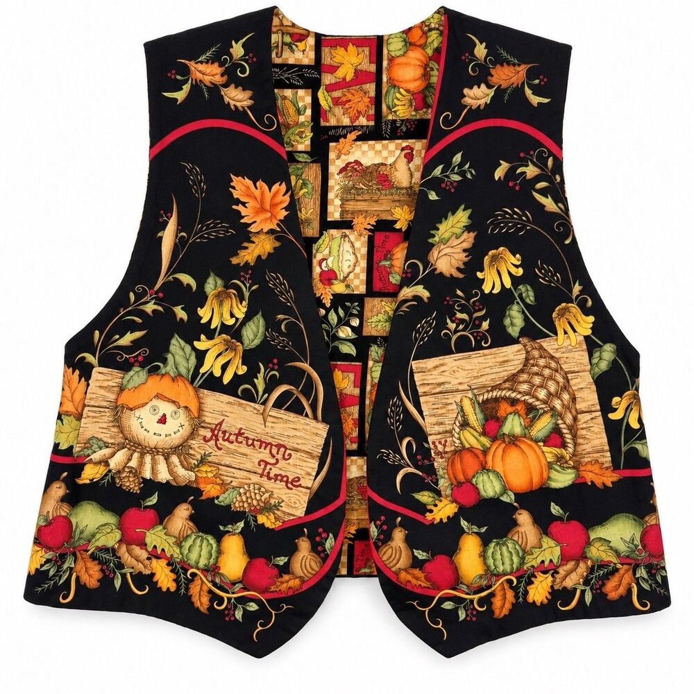 Vintage Fall Harvest Vest Women L/XL Reversible Scarecrow Pumpkin Thanksgiving